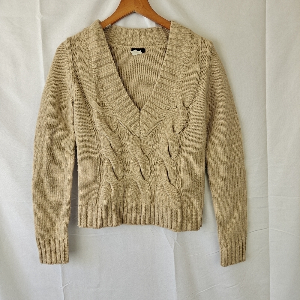 J. Crew Vintage Cable Knit Cashmere Wool Blend Cropped V Neck Sweater Size XS